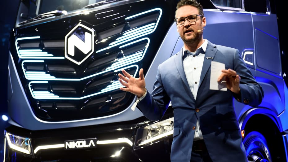 CEO and founder of U.S. Nikola, Trevor Milton speaks during presentation of its new full-electric and hydrogen fuel-cell battery trucks in partnership with CNH Industrial, at an event in Turin, Italy December 2, 2019.